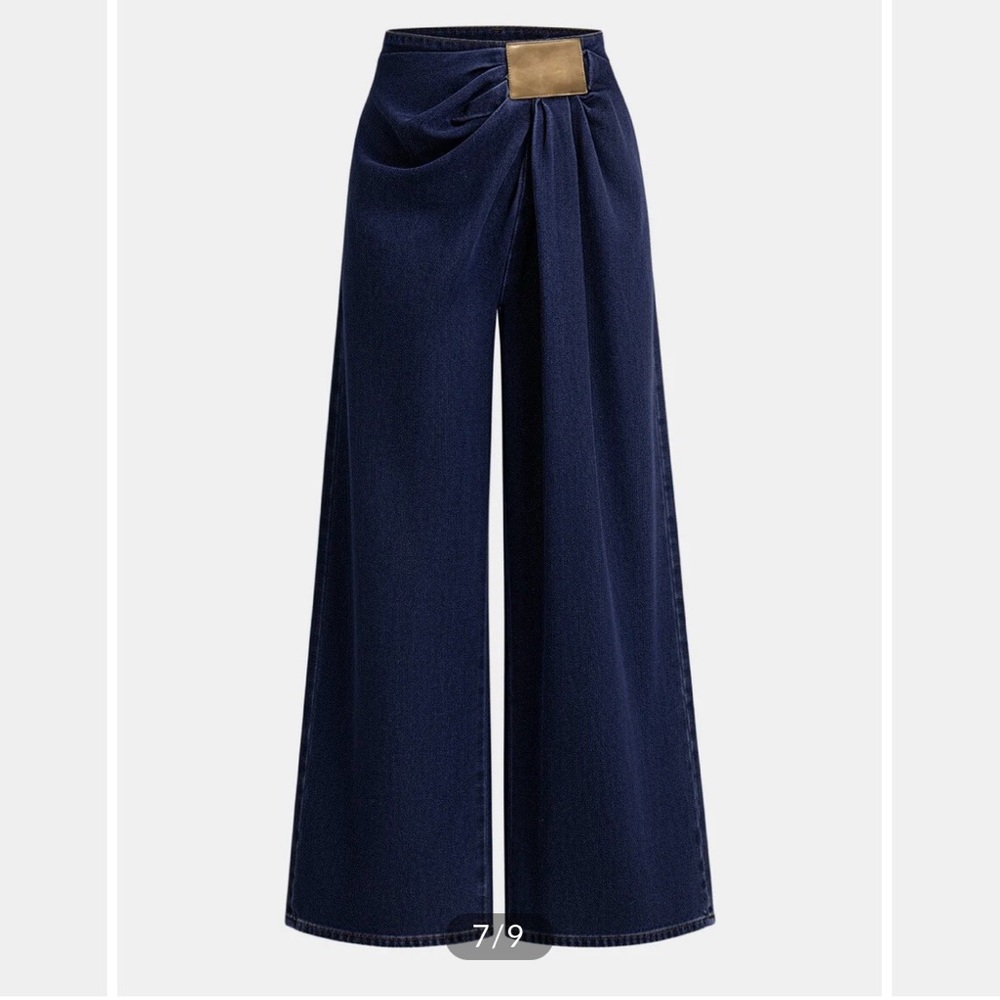 Commense Asymmetrical Ruched Denim Wide-Leg Pants new